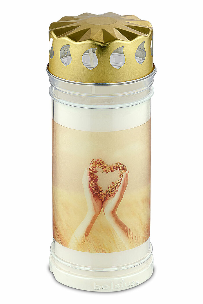 1 Bolsius Grablicht Nr. 5 mit Deckel und Motiv Kranz in der Größe 16,5x7,5cm in der Farbe Weiß.