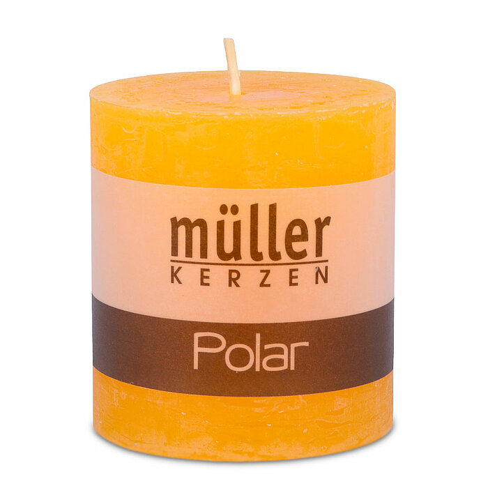 Eine Polar Stumpenkerze von Müller Kerzenfabrik in der Größe 7,5x6,8cm in der Farbe gelb.