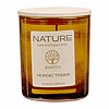 Eine braune Glas-Kerze vom Hersteller Wenzel, mit einem Holzdeckel. Auf dem Etikett steht: "NATURE 100% NATURAL WAX EARTH NORDIC TREES MADE IN GERMANY".