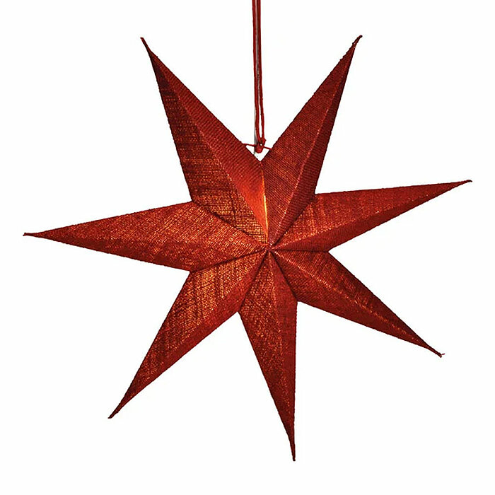 Ein roter, stilisierter sechszackiger Stern hängt an einem dünnen Band. Der Stern hat eine strukturierte Oberfläche und wirkt durch seine Farbgebung und Form festlich und weihnachtlich.