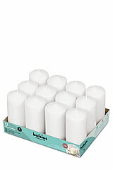 12 Stumpenkerzen von Bolsius Professional in der Größe 12x5,8cm in der Farbe weiß.