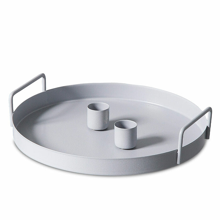 Ein 20 cm großes graues Kerzentablett aus Metall von Halbach.
