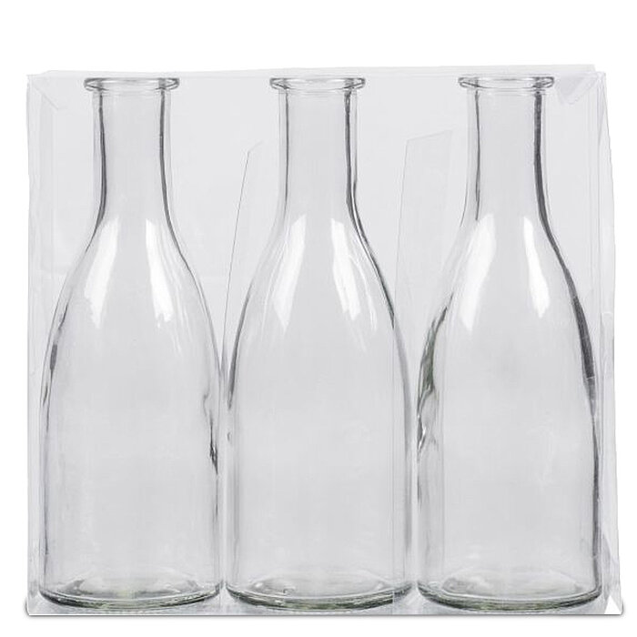 Drei große Flaschen Bottle von Sandra Rich in der Größe 18,5x6,6cm in der Farbe klar.