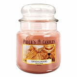 Eine Apothekerglas-Kerze von Prices Candles in der Größe 14,2x9,5cm mit Sandelholzduft und einem Gewicht von 411g.