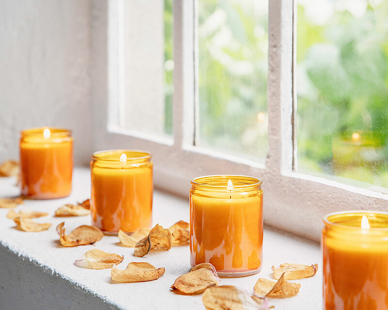 Ein tageslicht durchflutetes Fenster. Auf der Weißen Stein Fensterbank liegen einige gelbe Blumenblüten dazwischen sind in einer Linie vier gelbe brennende Bolsius Starlight Kerzen angeordnet. Das Licht der Kerzen spiegelt sich im Glas des Fensters.