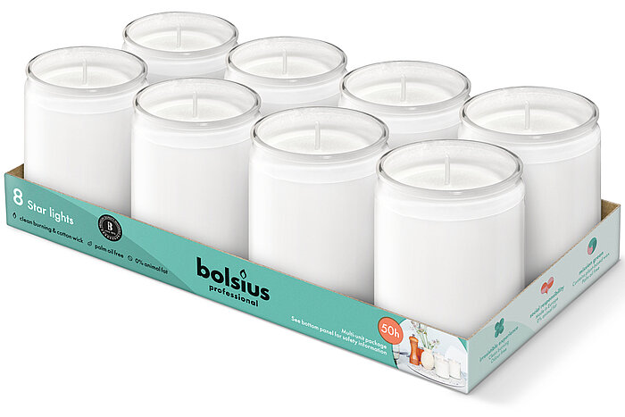 8 Bolsius Starlight Windlichter in der Größe 8,2x6,8cm in der Farbe Weiß.