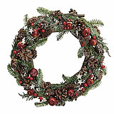 Ein Weihnachtskranz aus verschiedenen grünen Tannenzweigen, verziert mit Tannenzapfen, roten Beeren und kleinen roten Äpfeln. Der Kranz ist außerdem mit weißen Sternen dekoriert, die ihm einen festlichen Touch verleihen. Der Kranz hebt sich durch die üppi