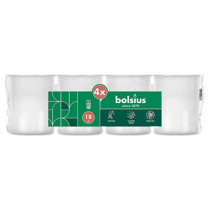 4 Bolsius Grablichter in der Größe 6,4x5,2cm in der Farbe Weiß.