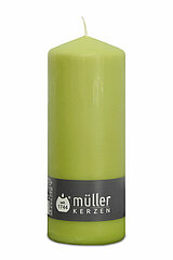 Eine Stumpenkerze von Müller Kerzenfabrik in der Größe 18x6,8cm in der Farbe maigrün.