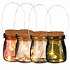 Vier Glaslaternen mit Korkdeckeln und Drahtgriffen, jede gefüllt mit kleinen, warmweiß leuchtenden LED-Lichterketten. Die Laternen haben unterschiedliche Farben: Rosa, Hellbraun, Klar und Grün. Die stimmungsvolle Beleuchtung der Lichterketten schafft eine