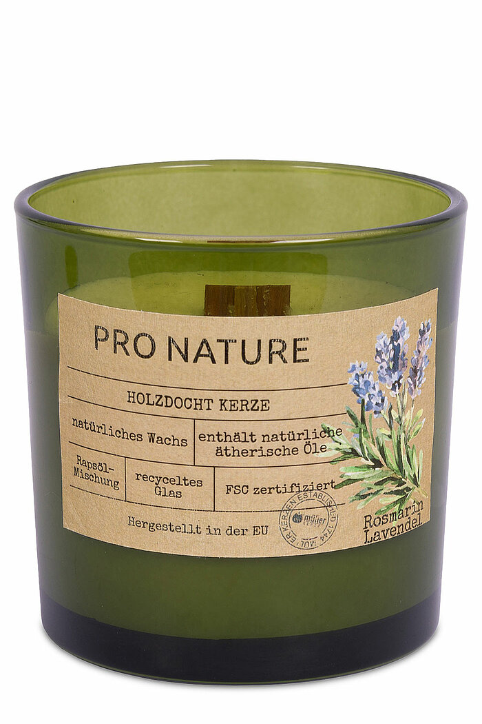 Ein Raps Duftglas mit Holzdocht von Müller Kerzenfabrik in der Größe 10x10cm mit dem Duft Rosmarin & Lavendel.
