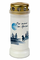 1 Bolsius Dauerbrenner Nr. 6 mit Deckel und Motiv Katze in der Größe 17x6,5cm in der Farbe Weiß.