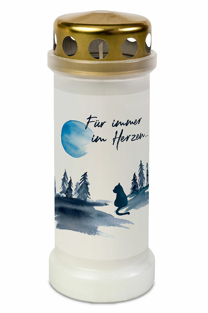1 Bolsius Dauerbrenner Nr. 6 mit Deckel und Motiv Katze in der Größe 17x6,5cm in der Farbe Weiß.