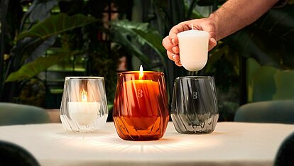 in einer gemütlichen Umgebung befinden sich auf einem hellen Tisch drei style eco Nachfüllkerzen von Bolsius im verschiedenen Farben. Eine Menschliche Hand stellt gerade einen Wachsnachfüller in eines der Gläser. Die zwei brennenden Nachfüller werfen ein gemütliches Licht und Schattenspiel auf den Tisch. Im Hintergrund sind einige grüne Pflanzen.