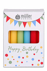 Eine Packung Müller Kerzen, die durch ein Fenster in der Verpackung sichtbar sind. Die Kerzen zeigen sich in den Farben Gelb, Grün, Blau und Rot. Auf der Verpackung steht "Happy Birthday", umgeben von bunten Punkten und einer Girlande mit farbigen Dreieck