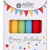 Eine Packung Müller Kerzen, die durch ein Fenster in der Verpackung sichtbar sind. Die Kerzen zeigen sich in den Farben Gelb, Grün, Blau und Rot. Auf der Verpackung steht "Happy Birthday", umgeben von bunten Punkten und einer Girlande mit farbigen Dreieck