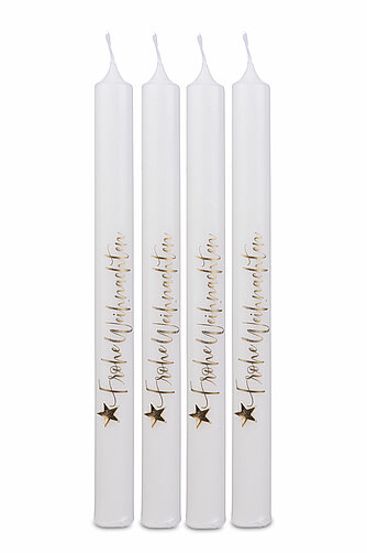Richard Wenzel Stabkerzen-Set "Frohe Weihnachten" - wollweiß (4 Stück) Artikelvorschau Stabkerzen-Set "Frohe Weihnachten" - wollweiß (4 Stück)