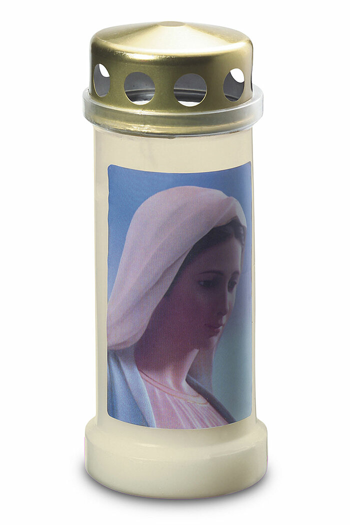 1 Bolsius Grablicht Nr. 6 mit Deckel und Motiv Maria in der Größe 17x6,5cm in der Farbe Weiß.