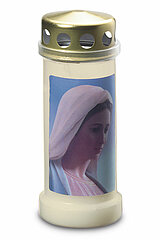 1 Bolsius Grablicht Nr. 6 mit Deckel und Motiv Maria in der Größe 17x6,5cm in der Farbe Weiß.