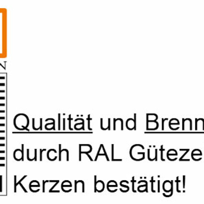 Das Bild zeigt das RAL Gütezeichen für Kerzen. Links oben im Bild ist das orangefarbene RAL-Logo. Darunter befindet sich ein schwarzes grafisches Element zusammen mit dem Wort "KERZEN" in Großbuchstaben. Rechts davon steht der Text: "Qualität und Brennver