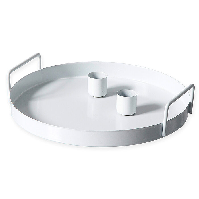 Ein 20 cm großes Kerzentablett aus Metall in der Farbe Weiß von Halbach.