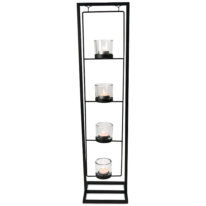 Das Bild zeigt einen hohen schwarzen Metall-Rahmen, der fünf Teelichthalter in klaren Glasbehältern enthält. Die Teelichthalter sind gleichmäßig entlang des Rahmens auf verschiedenen Ebenen verteilt. Alle Teelichter brennen und verbreiten ein warmes, einl