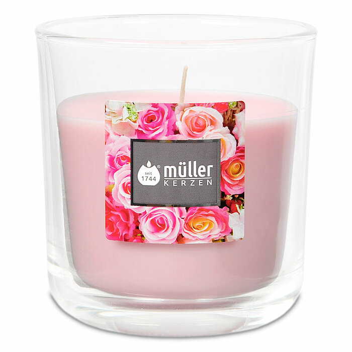 Ein Duftglas von Müller Kerzenfabrik in der Größe 8,8x8cm mit dem Geruch Englische Rose.