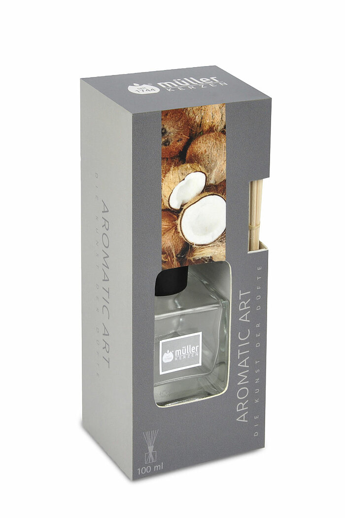 Ein Raumbedufter von Müller Kerzenfabrik in der Größe 20,5x10cm mit dem Duft Kokosnuss-Insel und einem Inhalt von 100ml.