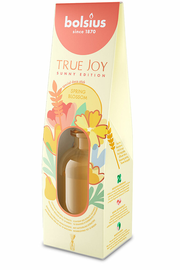Ein Raumduft True Joy von Bolsius mit 80ml Inhalt mit dem Geruch Spring Blossom.