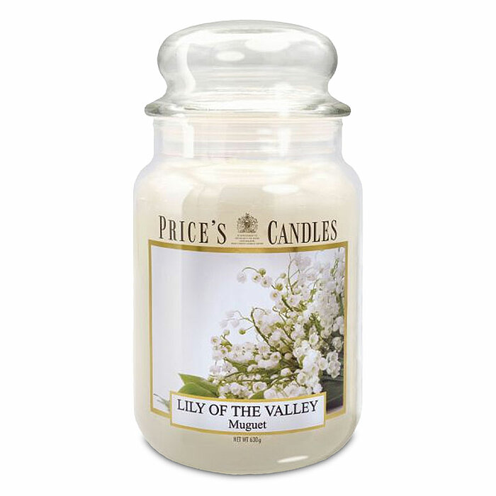 Eine Duftkerze im Apothekerglas von Prices Candles in der Größe 19,5x10cm mit dem Geruch Maiglöckchen und einem Gewicht von 630g.