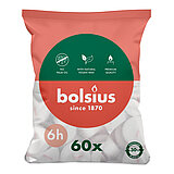 60 Teelichter von Bolsius in der Größe 3,9x3,9cm mit einer Brenndauer von 6 Stunden in der Farbe weiß.