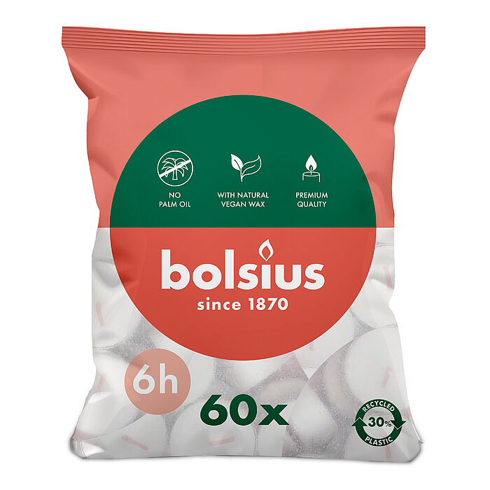 60 Teelichter von Bolsius in der Größe 3,9x3,9cm mit einer Brenndauer von 6 Stunden in der Farbe weiß.