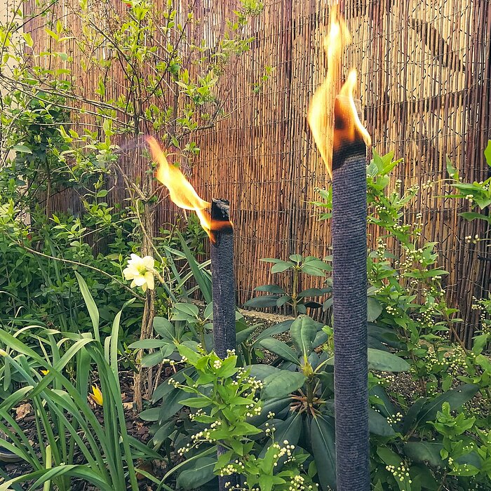Zwei brennende schwarze Gartenfackeln von Bolsius in einem grünen Garten mit verschiedenen Pflanzen und einer Blüte im Hintergrund. Der Hintergrund zeigt einen Bambuszaun.