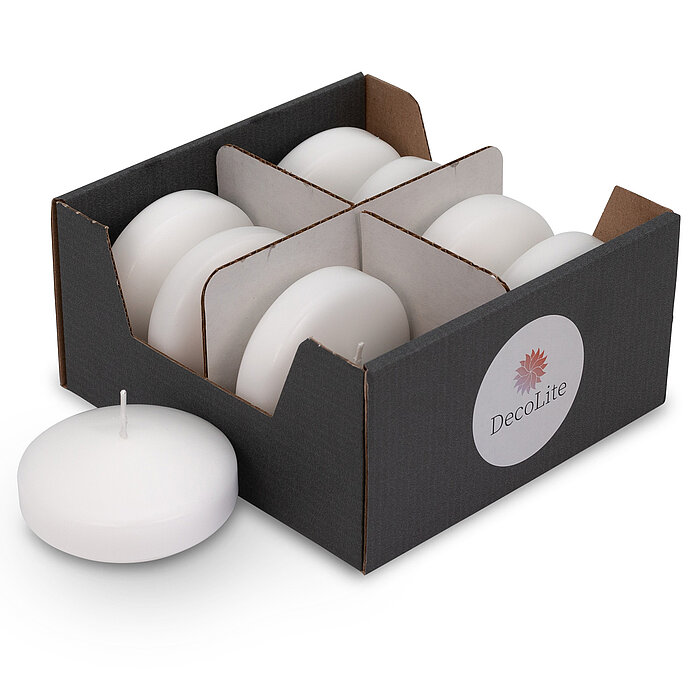 Acht Schwimmkerzen Maxi von Decolite in der Größe 4x8cm in der Farbe Weiß.