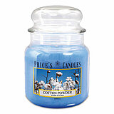 Eine Duftkerze im Apothekerglas von Prices Candles in der Größe 14,2x9,5cm mit dem Geruch Cotton Powder und einem Gewicht von 411g.
