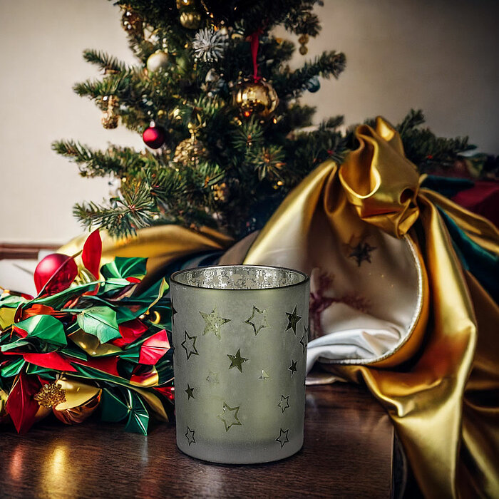 Eine dekorative Szene, in der weihnachtlicher Glanz mit einem Produkt von Edelman dargestellt wird. Im Vordergrund steht ein schimmernder Teelichthalter von Edelman mit Sternenmuster auf einem hölzernen Untersetzer. Daneben liegt eine durchsichtige Weihna