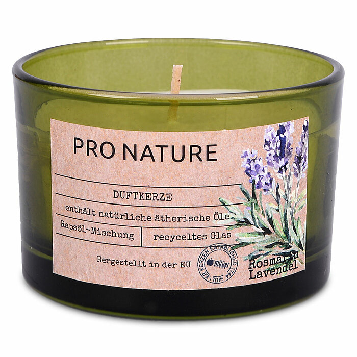 Ein Raps Duftglas von Müller Kerzenfabrik in der Größe 5,8x8,6cm mit dem Duft Rosmarin & Lavendel.