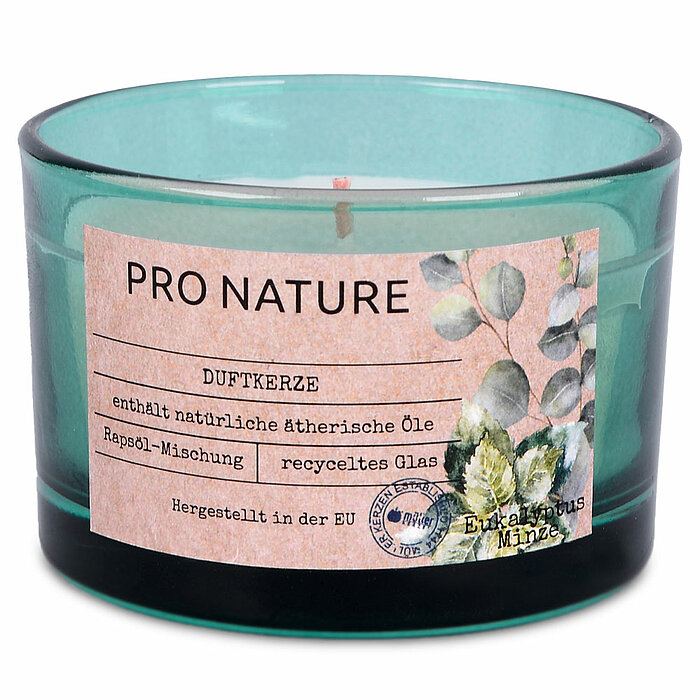 Ein Raps Duftglas von Müller Kerzenfabrik in der Größe 5,8x8,6cm mit dem Duft Eukalyptus & Minze.