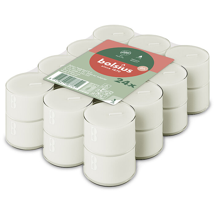 30 Teelichte von Bolsius in der Größe 1,9x3,8cm mit einer Brenndauer von 6 Stunden in der Farbe weiß.
