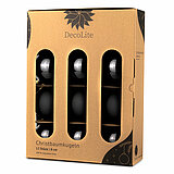 Ein 12er Pack Christbaumkugeln in Schwarz mit 8cm Durchmesser von DecoLite in einer dekorativen Schachtel.