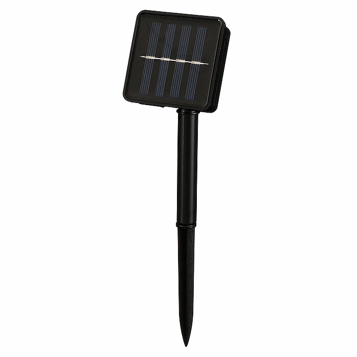 Die Abbildung zeigt eine schematische Darstellung einer Solarbetriebenen Lichterkette. Die Kette besteht aus vier Glühbirnen, die gleichmäßig in einem Abstand von 20 cm angeordnet sind. Das Kabel hat eine Gesamtlänge von 2 Metern, davon sind 1,8 Meter bis