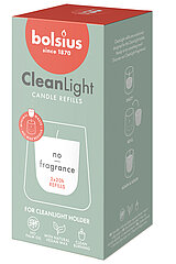 Eine grüne Verpackung der Marke Bolsius für "CleanLight" Kerzennachfüllungen. Auf der Vorderseite ist ein weißer Umriss eines Kerzenhalters zu sehen, in dem die nachfüllbare Kerze platziert werden kann. Auf der Verpackung steht "no fragrance" und "2x20h r