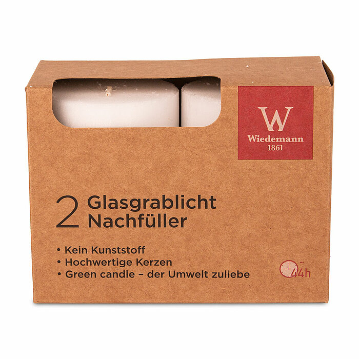 Ein Nachfüller für Glas-Grablicht von Wiedemann in der Größe 8,5x5,7cm in der Farbe Weiß.