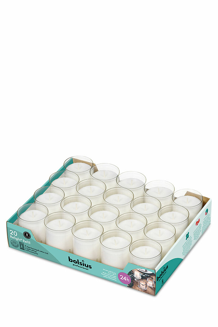 20 Relight Nachfüllkerzen von Bolsius in der Größe 6,4x5,2cm in der Farbe Transparent.