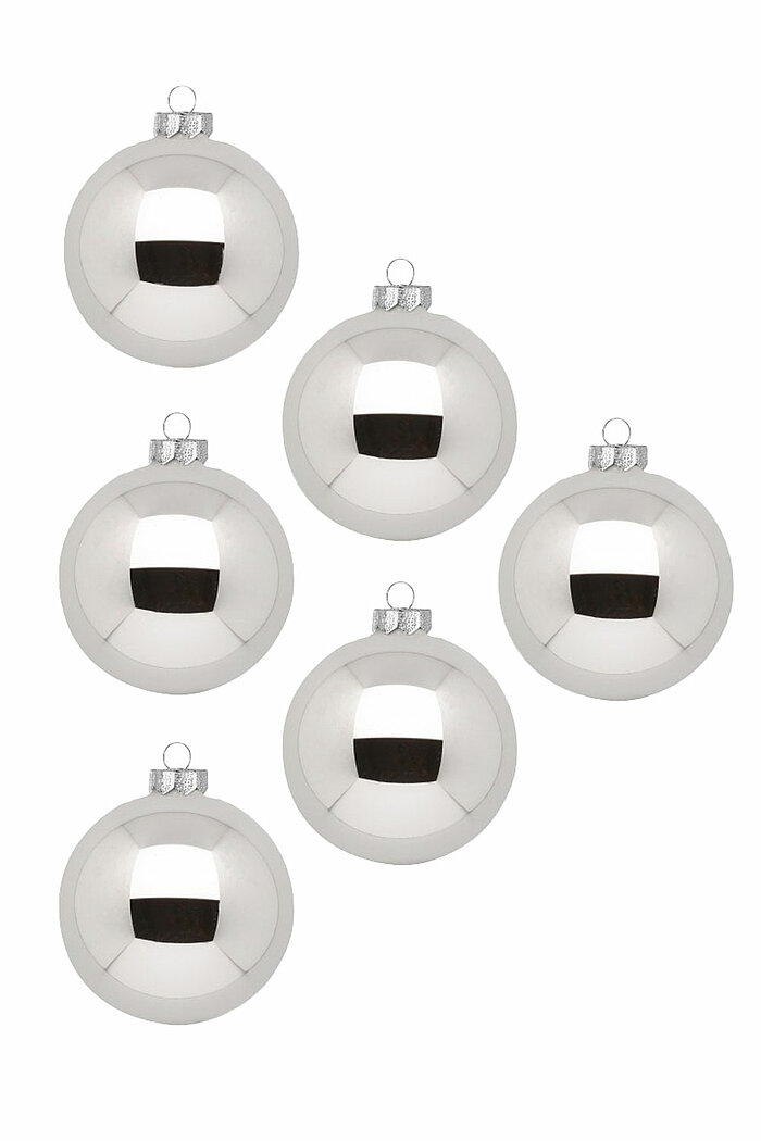 6 Christbaumkugeln von Inge Glas in der Größe 10x6cm in der Farbe Shiny Silver.