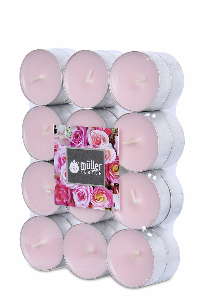 24 Duft-Teelichter von Müller Kerzenfabrik in der Größe 1,5x3,9cm mit dem Geruch "Englische Rose".