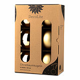 Ein 6er Pack Christbaumkugeln in Brokatgold mit 10cm Durchmesser von DecoLite in einer dekorativen Schachtel.