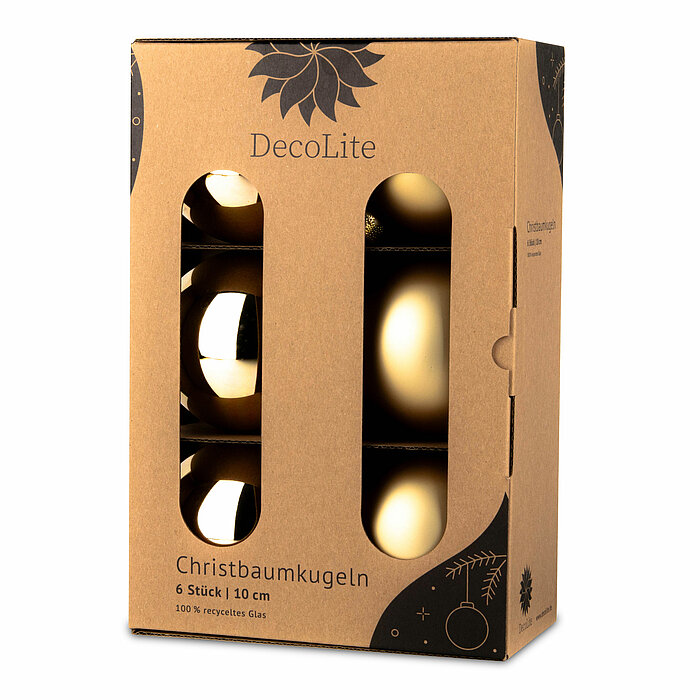 Ein 6er Pack Christbaumkugeln in Brokatgold mit 10cm Durchmesser von DecoLite in einer dekorativen Schachtel.