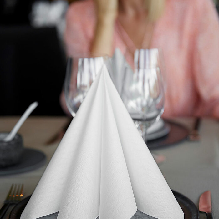 Eine Szene in einem eleganten Restaurant mit einer weiblichen Person im Hintergrund. Auf dem Tisch befindet sich eine kunstvoll gefaltete weiße Serviette von Duni, platziert auf einem dunklen Teller. Ringsum sind gläsernes Besteck und Trinkgläser, die ebe