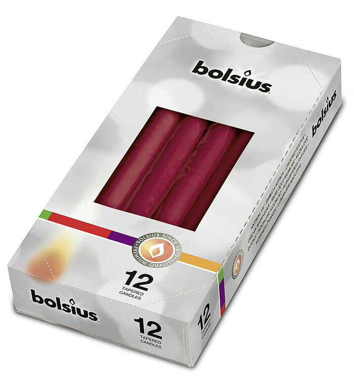 12 Spitzkerzen von Bolsius in der Größe 24x2,5cm in der Farbe altrot.